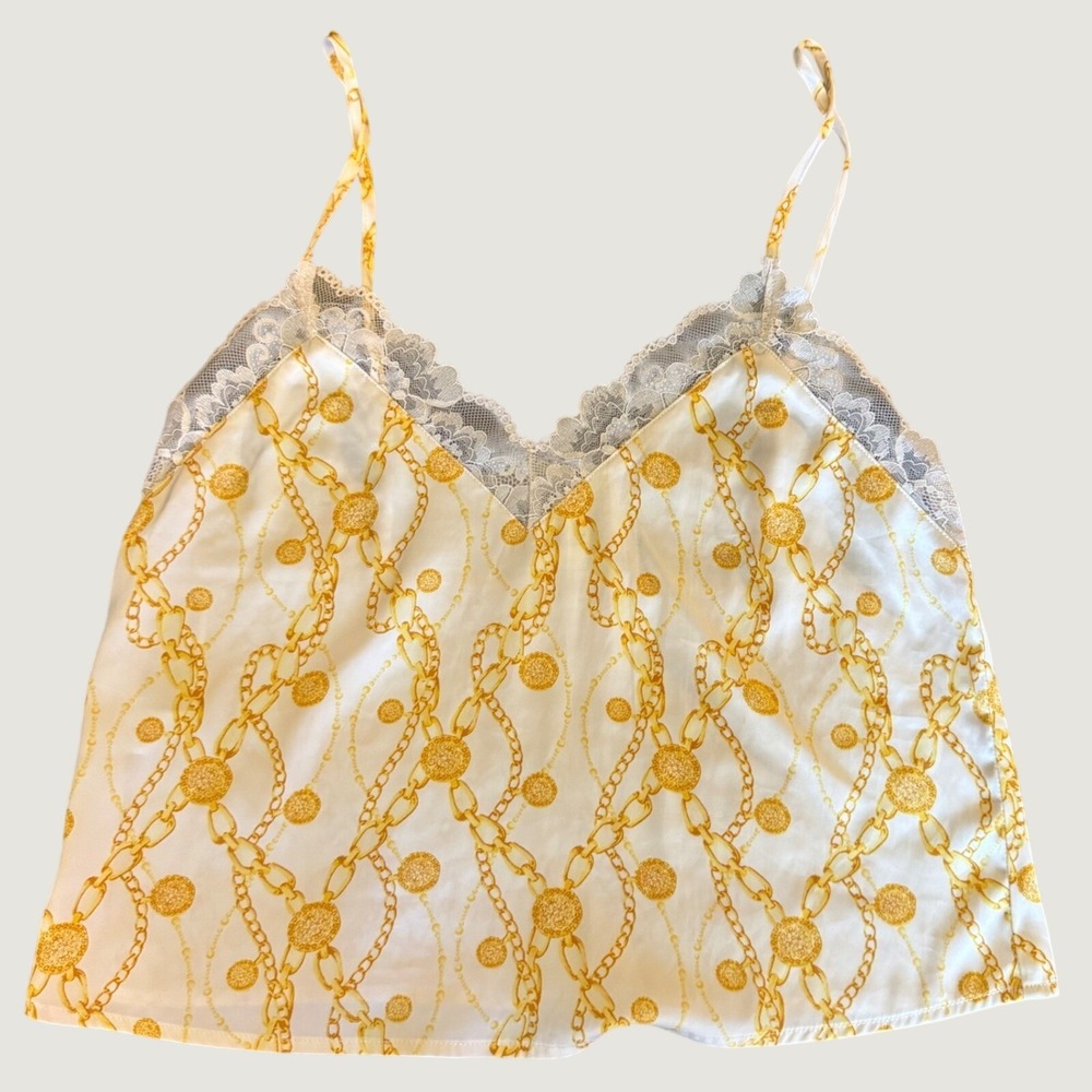 Forever 21 Womens Gold Chain Scarf Print Satin Lace Trim Camisole Top White M